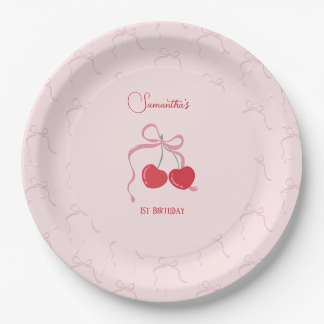 Cherry on Top Pink Bow Birthday  Paper Plates (Front)