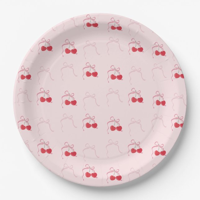 Cherry on Top Pink Bow Birthday  Paper Plates (Front)