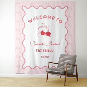 Cherry on Top Pink Bow Birthday Tapestry