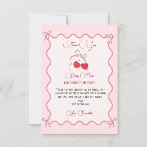 Cherry on Top Pink Bow Birthday  Thank You Card