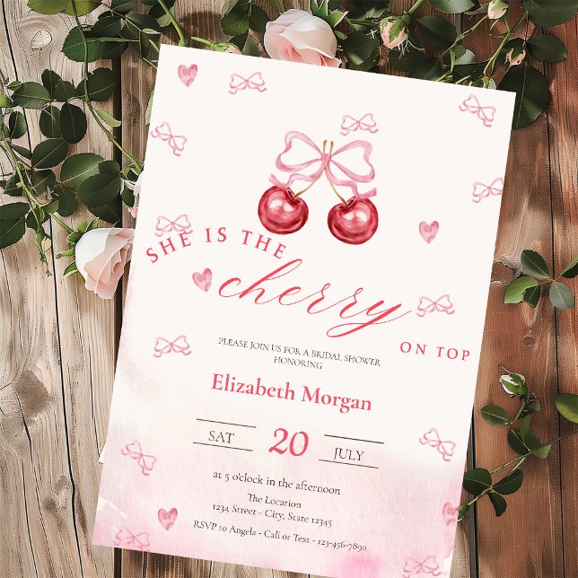 Cherry On Top Pink Bow Bridal Shower Invitation (Creator Uploaded)