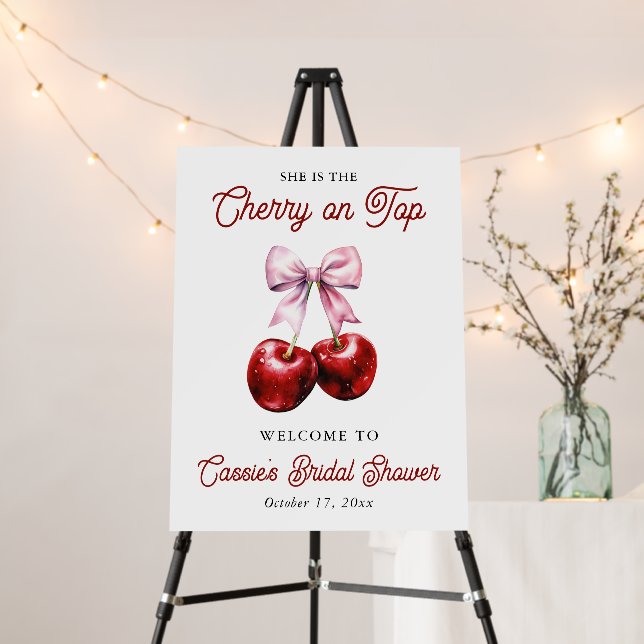 Cherry On Top Pink Bow Bridal Shower Welcome Sign (In Situ (Stand))