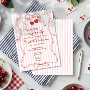 Cherry on Top Pink Bow Classy Stripe Bridal Shower Invitation