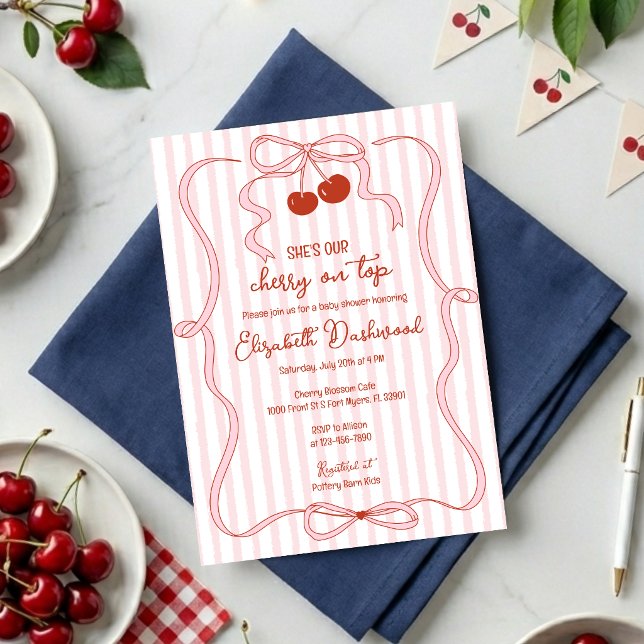 Cherry on Top Pink Bow Classy Stripes Baby Shower Invitation (Creator Uploaded)
