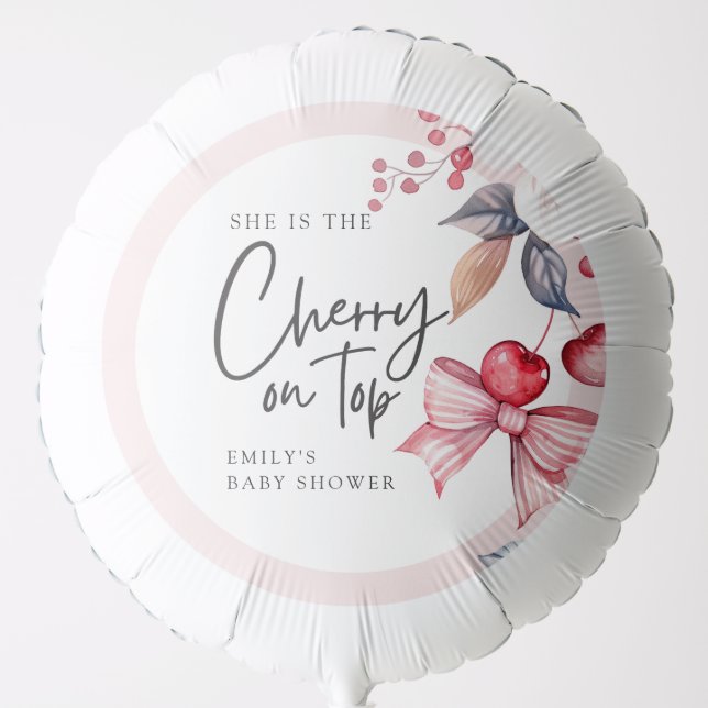 Cherry on Top Pink Bow Coquette Baby Shower Balloon (Front)
