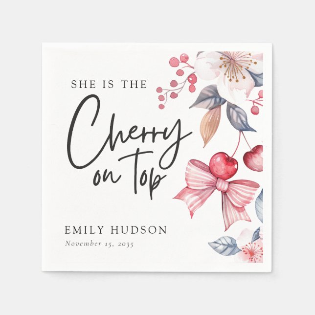 Cherry on Top Pink Bow Coquette Baby Shower Napkins (Front)