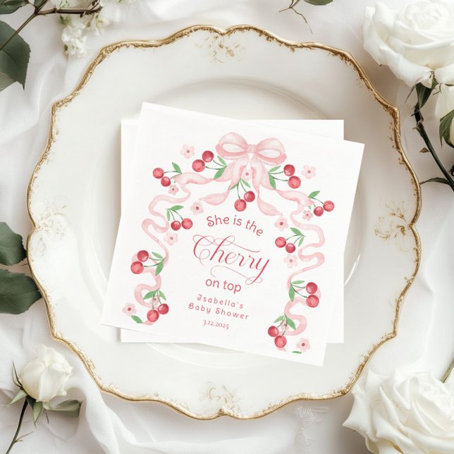 Cherry on Top Pink Bow coquette Baby shower Napkins (Creator Uploaded)