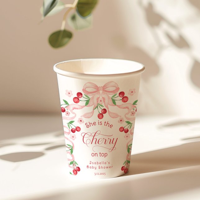 Cherry on Top Pink Bow coquette Baby shower Paper Cups (Creator Uploaded)