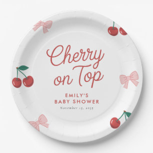 Cherry on Top Pink Bow Coquette Baby Shower Paper Plates