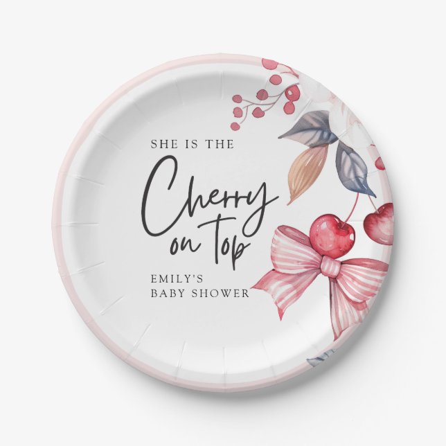 Cherry on Top Pink Bow Coquette Baby Shower Paper Plates (Front)