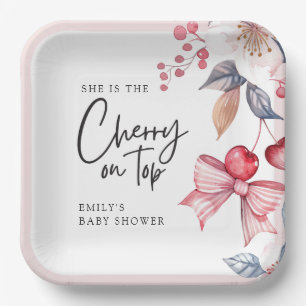 Cherry on Top Pink Bow Coquette Baby Shower Paper Plates