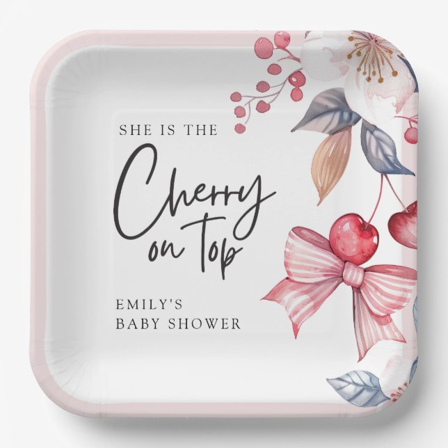 Cherry on Top Pink Bow Coquette Baby Shower Paper Plates (Front)