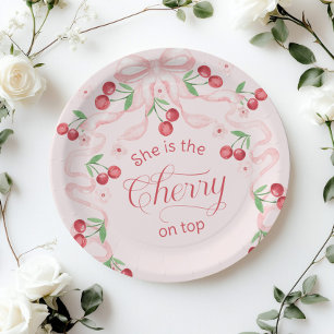 Cherry on Top Pink Bow coquette Baby shower Paper Plates
