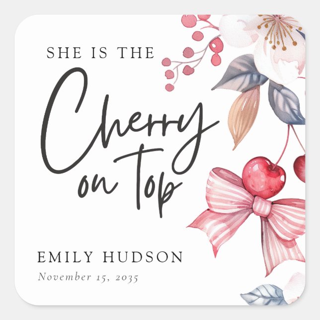 Cherry on Top Pink Bow Coquette Baby Shower Square Sticker (Front)