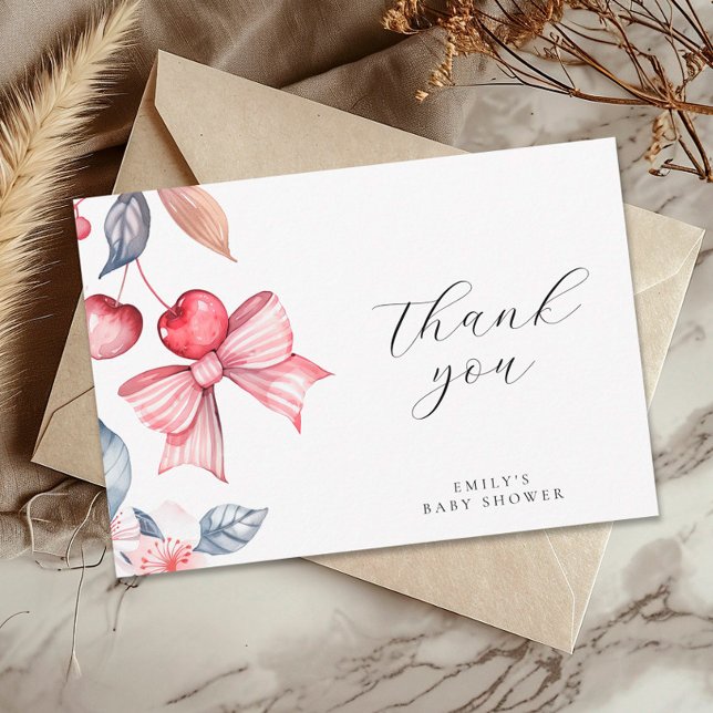 Cherry on Top Pink Bow Coquette Baby Shower Thank You Card (Creator Uploaded)