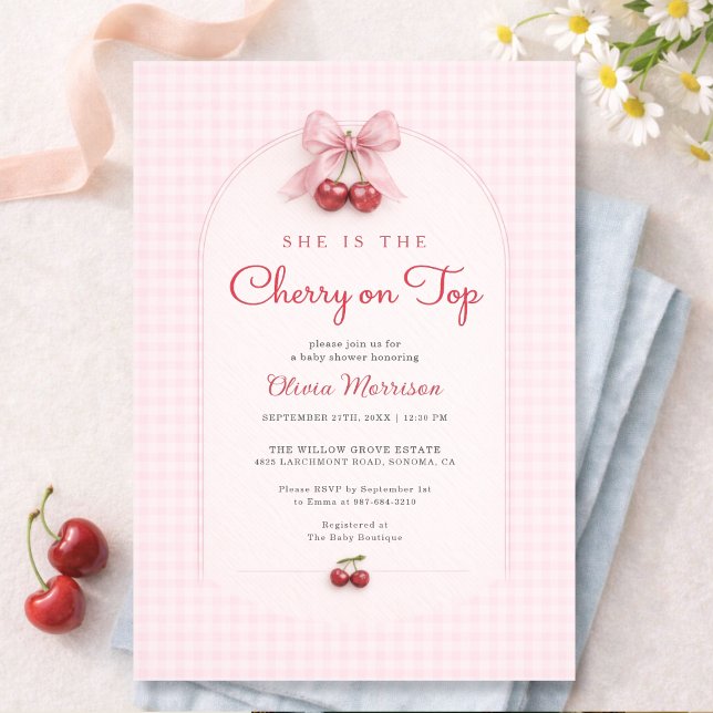 Cherry on Top Pink Bow Gingham Baby Shower Invitation (Creator Uploaded)