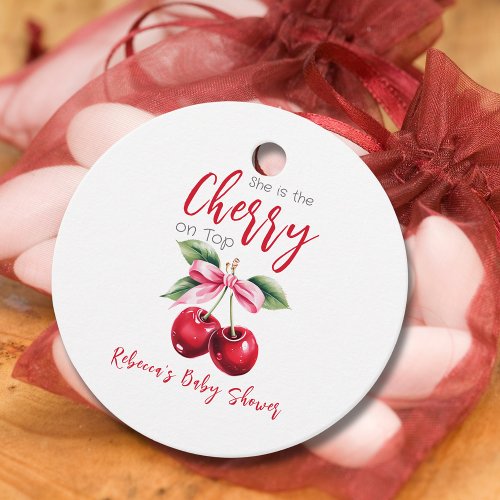 Cherry on Top Pink Bow Girl Baby Shower Favor Tags