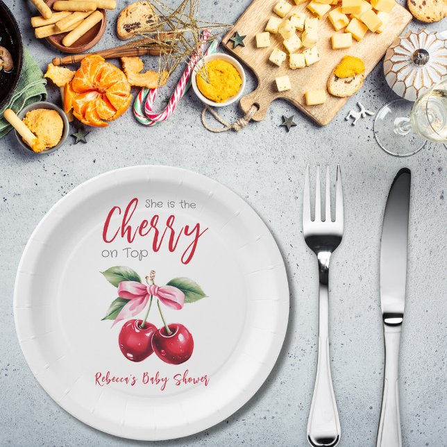 Cherry on Top Pink Bow Girl Baby Shower Paper Plates (Creator Uploaded)