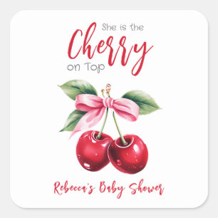 Cherry on Top Pink Bow Girl Baby Shower Square Sticker