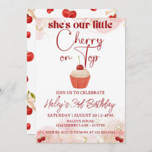 Cherry On Top Pink Bow Girl Birthday Invitation