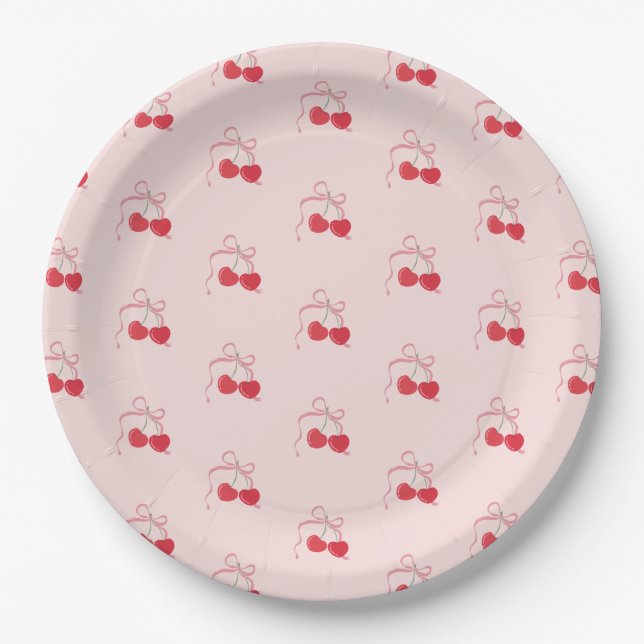 Cherry on Top Pink Bow  Paper Plates (Front)