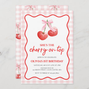 Cherry on Top Pink Bow preppy birthday Invitation
