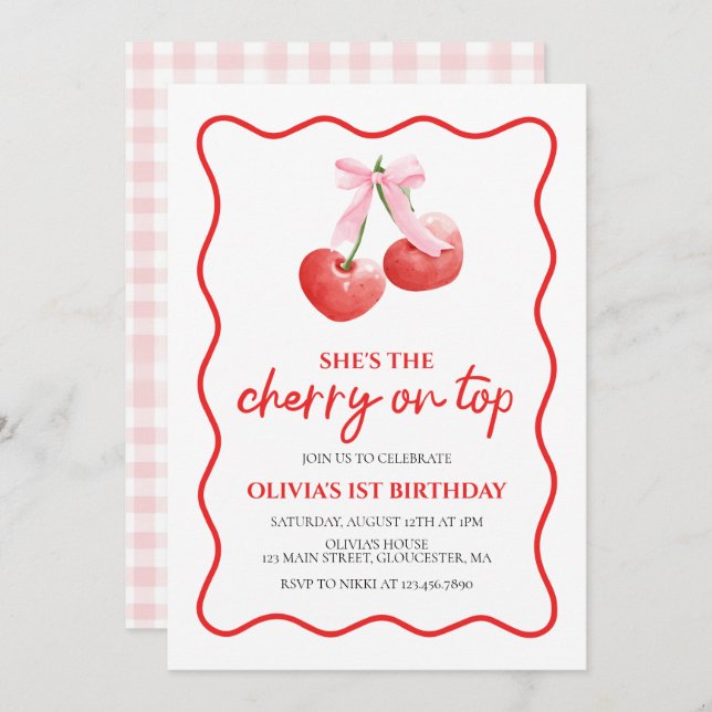 Cherry on Top Pink Bow preppy birthday Invitation (Front/Back)