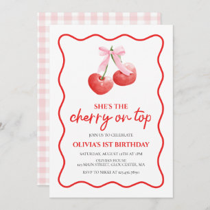 Cherry on Top Pink Bow preppy birthday Invitation