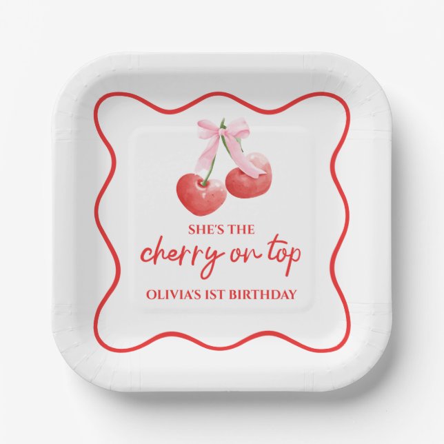 Cherry on Top Pink Bow preppy birthday Paper Plates (Front)