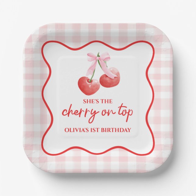 Cherry on Top Pink Bow preppy birthday Paper Plates (Front)