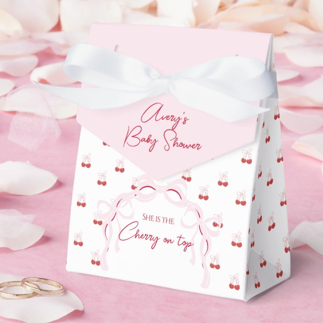 Cherry on Top Pink Bow Red Baby Girl Shower Favor Boxes (Wedding)
