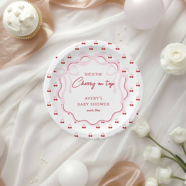 Cherry on Top Pink Bow Red Baby Girl Shower Paper Plates (Creator Uploaded)