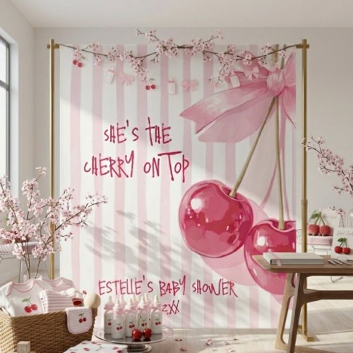Cherry  On Top Pink Bow Red Retro Summer Tapestry