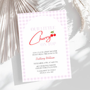 Cherry on Top Pink Checkered Girl Baby Shower Invitation