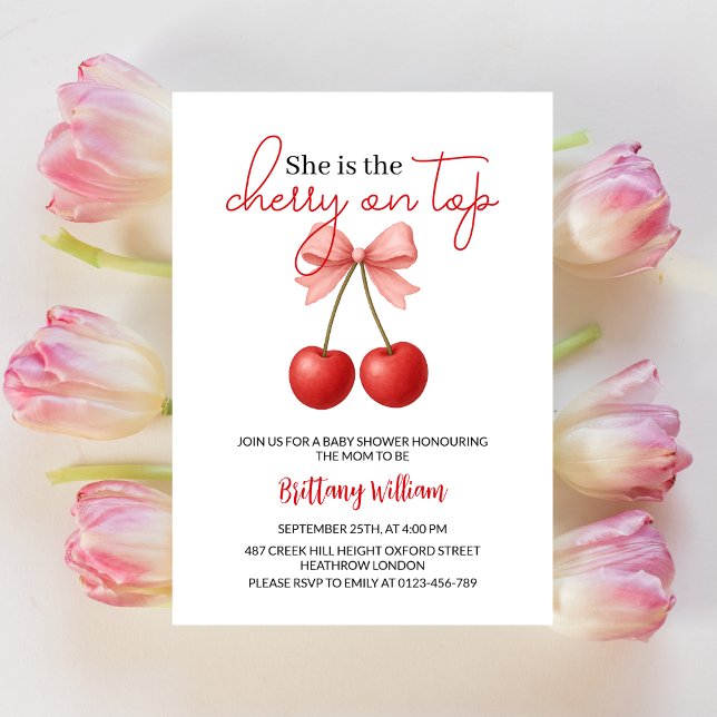 Cherry on Top Pink Girl Minimalist Baby Shower  Invitation (Creator Uploaded)