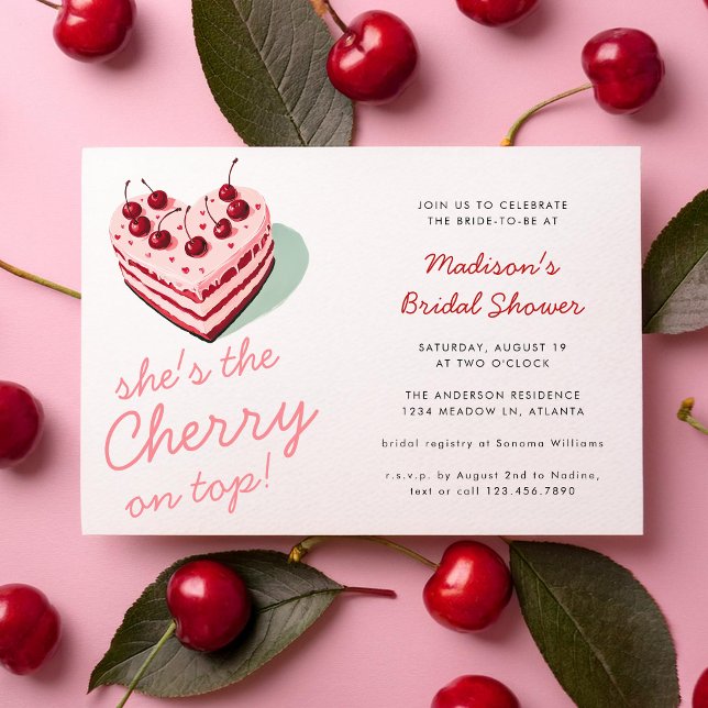 Cherry on Top Pink Heart Cake Bridal Shower Invitation (Creator Uploaded)