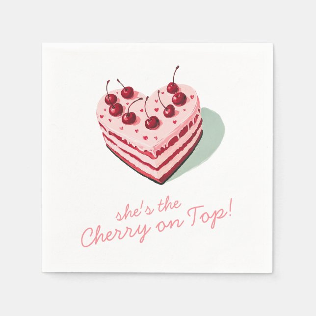 Cherry on Top Pink Heart Cake Bridal Shower Napkins (Front)