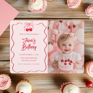 Cherry on Top | Pink & Red Cherry Photo Birthday Invitation
