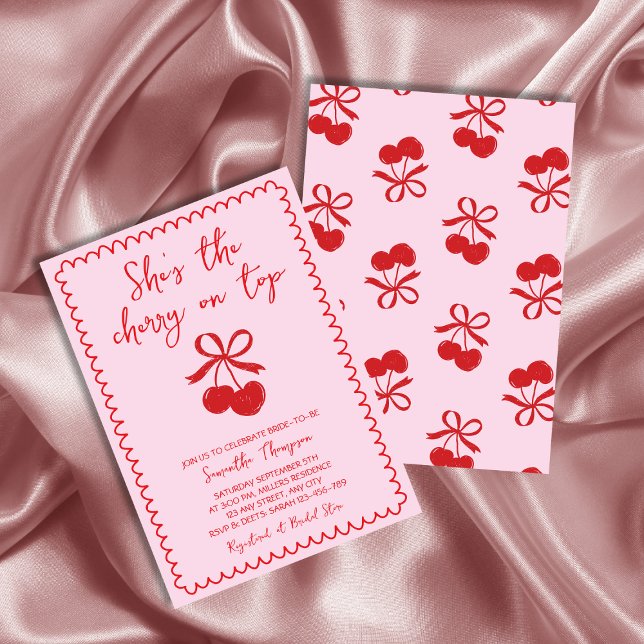 Cherry On Top Pink & Red Hand Drawn Bridal Shower Invitation (Cherry On Top Pink & Red Hand Drawn Bridal Shower Invitation)