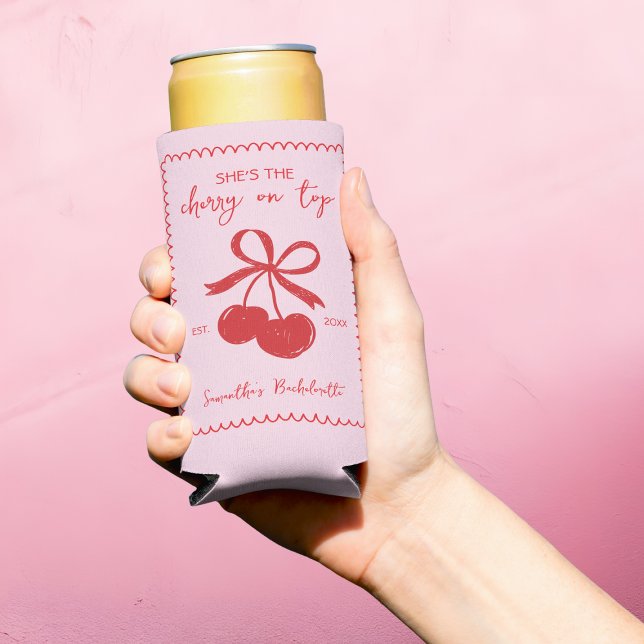 Cherry On Top Pink & Red Hand Drawn Bridal Shower Seltzer Can Cooler (Cherry On Top Pink & Red Hand Drawn Bridal Shower Seltzer Can Cooler)