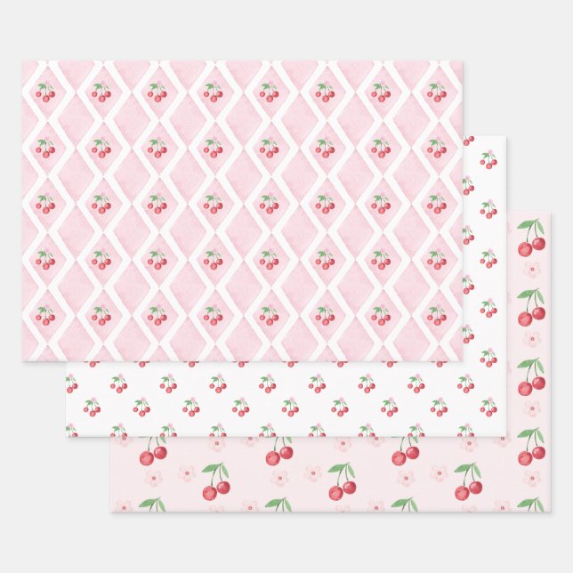 Cherry on Top Pink Watercolor coquette Baby shower Wrapping Paper Sheets (Set)