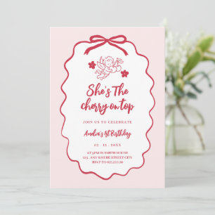 Cherry on Top pinky 1st birthday invitation
