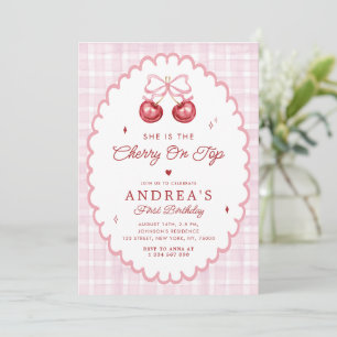 Cherry on Top Preppy Vintage 1st Birthday Party Invitation