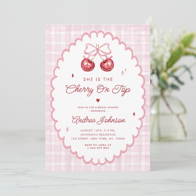 Cherry on Top Preppy Vintage Bow Bridal Shower Invitation (Standing Front)