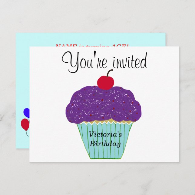 Cherry on Top Purple Frosting Vanilla Cupcake Invitation (Front/Back)