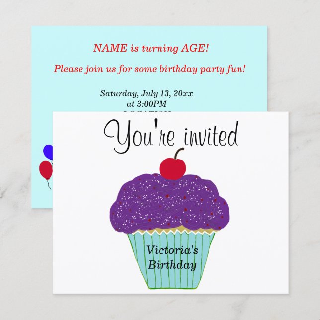 Cherry on Top Purple Frosting Vanilla Cupcake Invitation (Front/Back)