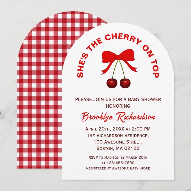 Cherry On Top Red Coquette Bow Girl Baby Shower Invitation (Front/Back)