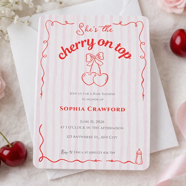 Cherry on Top Red Pink Bow Cherries Baby Shower Invitation (Red Whimsical Doodle Coquette Cherries Baby Shower Invitation)