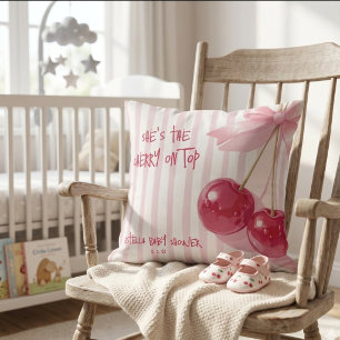 Cherry on Top Red Pink Retro Bow Summer Shower Throw Pillow
