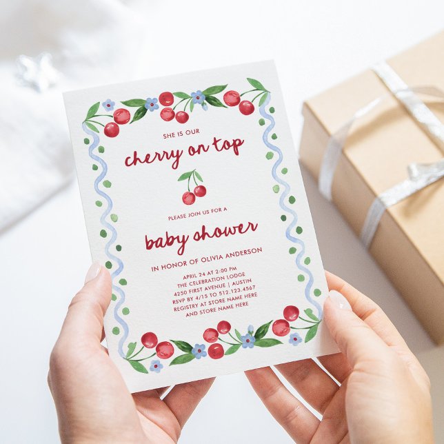 Cherry on Top | Red Script Whimsical Baby Shower  Invitation (Creator Uploaded)